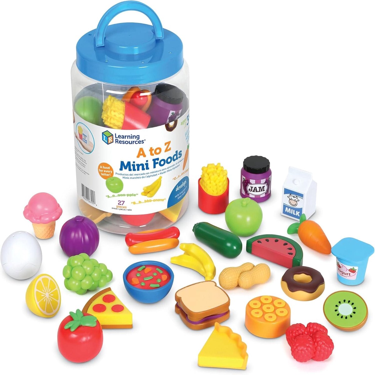 Learning Resources A to Z 26 Mini Alphabet Foods, Storage Bucket & Guide!: Play Kitchen, Pretend Play, Preschool Toys - Ages 3+ - Educational Toy
