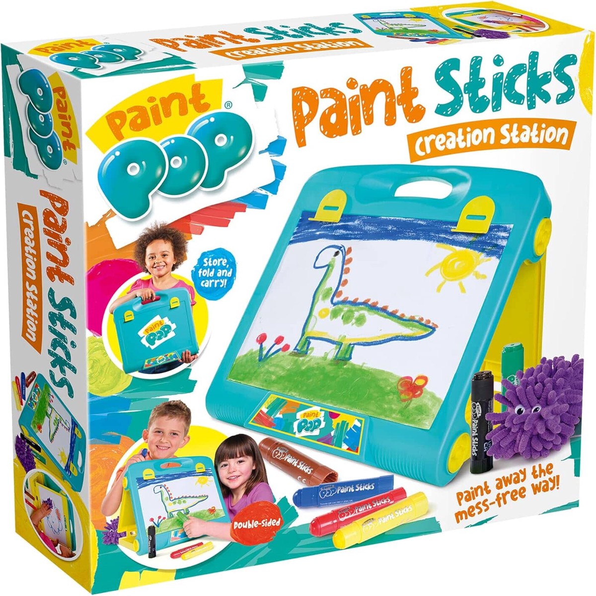 Paint Pop - Creation Station Portable Table Top Easel For Kids - Foldable for Storage, Double Sided with Wipeable Whiteboard - Includes 6 Paint Sticks, Duster and Paper Clips - Ages 3+