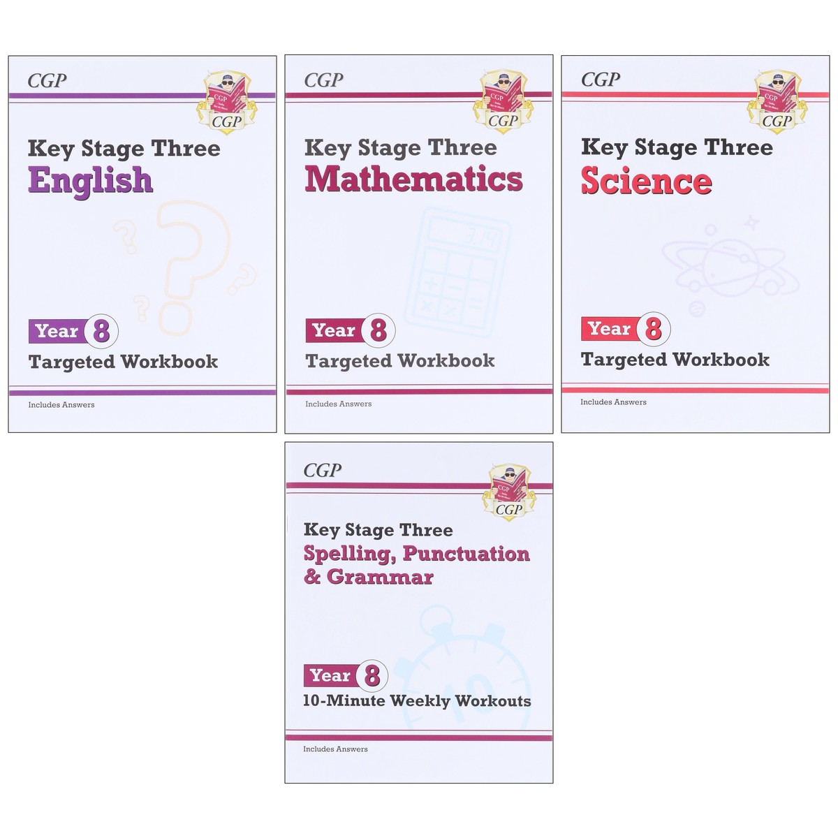CGP KS3 (Year 8) Targeted Workbook Bundle (Includes Answers) 4 Books Collection Set - Paperback