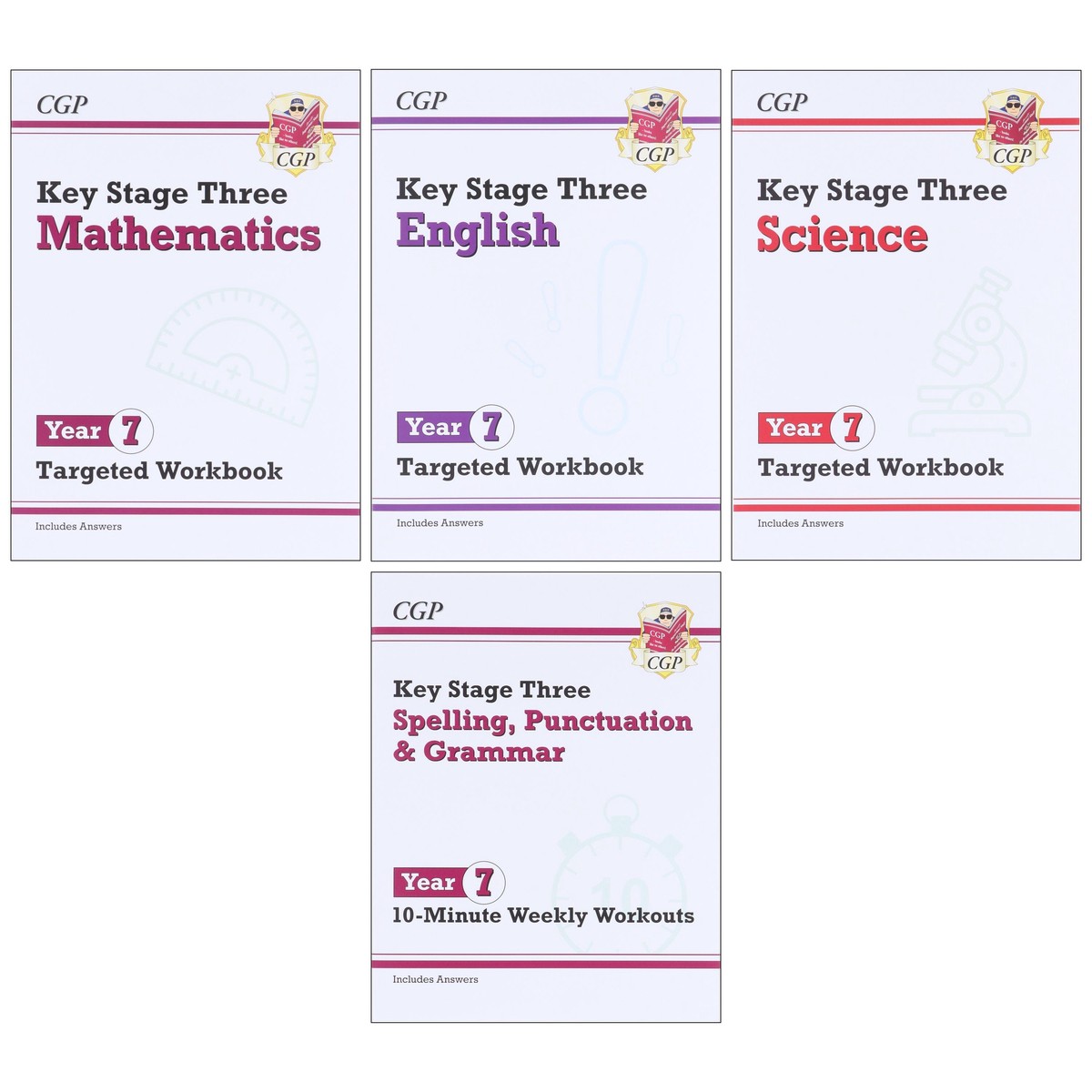 CGP KS3 (Year 7) Targeted Workbook Bundle (Includes Answers) 4 Books Collection Set - Paperback