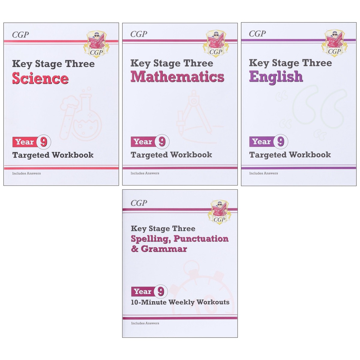 CGP KS3 (Year 9) Targeted Workbook Bundle (Includes Answers) 4 Books Collection Set - Paperback